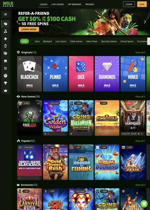 Main game selection portal Wild Casino
