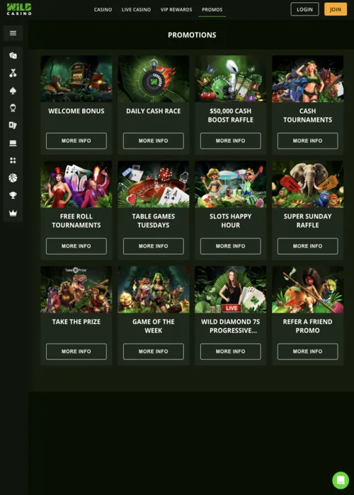 Premium promotions offers page Wild Casino