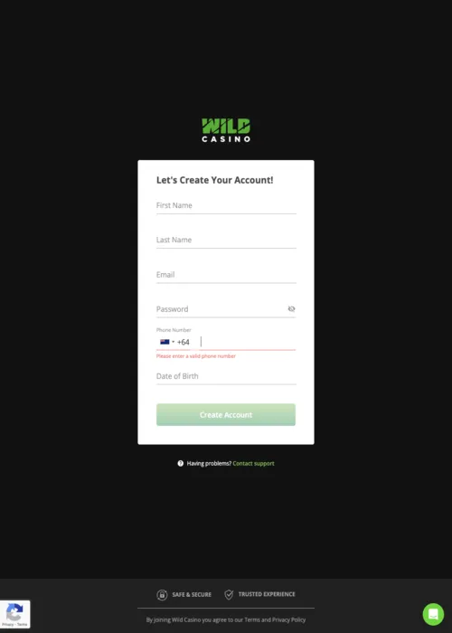 Quick player registration form Wild Casino